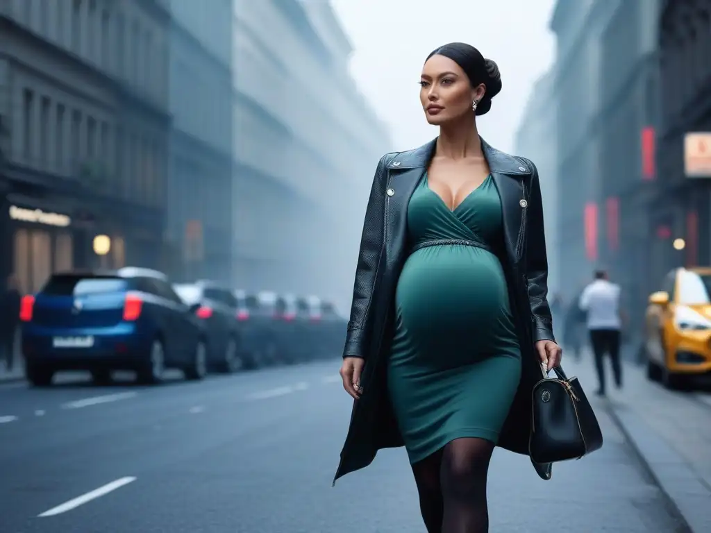 Estilo premamá: transforma tu guardarropa con elegancia y confianza Una mujer embarazada con estilo caminando con confianza por la ciudad luciendo un conjunto chic creado con ropa pre-maternidad opciones estilosas