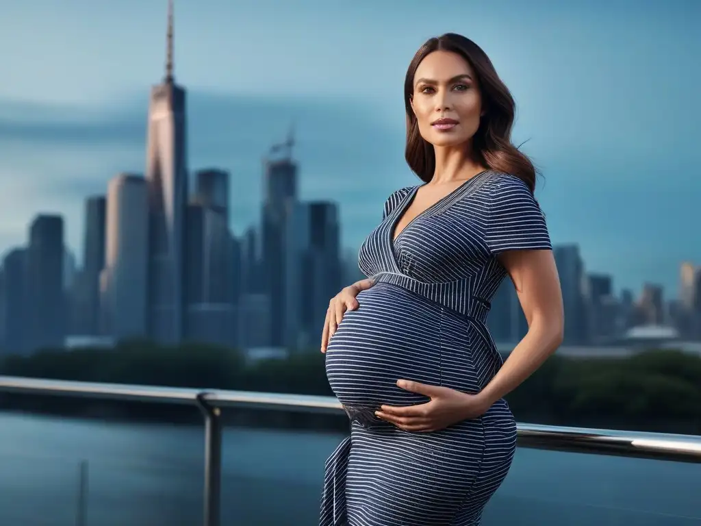 Maternidad moderna: inspiración y profesionalismo en la ciudad Una mujer embarazada posa con estilo y confianza en un entorno urbano chic, representando el marketing de contenidos moda maternal