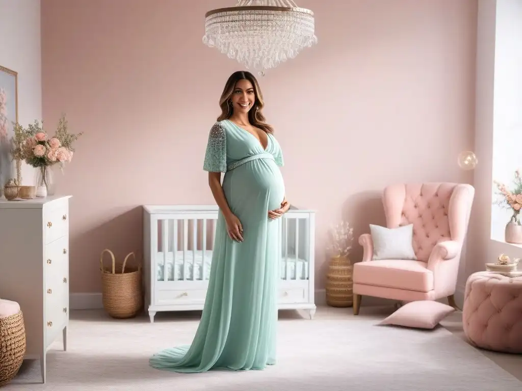 Embarazo con estilo: moda y empoderamiento en un ambiente sereno Una mujer embarazada con estilo y confianza en un vivero moderno y luminoso