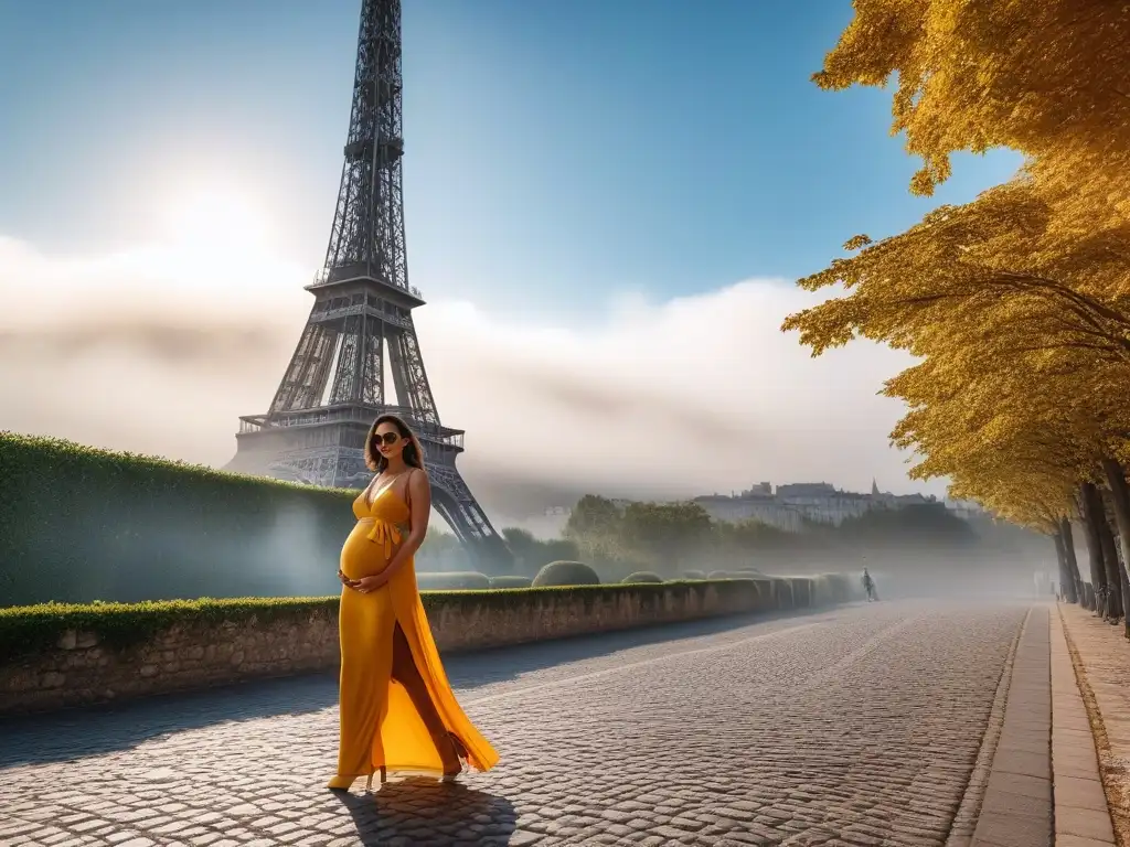 Elegante embarazada en París: moda y maternidad Una mujer embarazada con estilo y elegancia frente a una ciudad europea