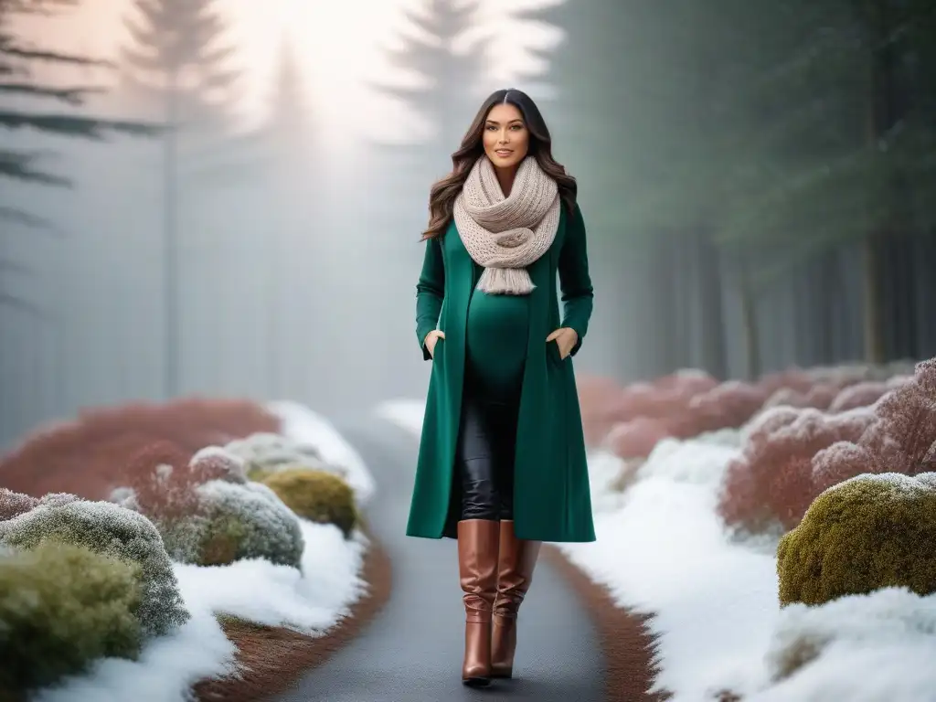 Embarazada en bosque nevado: look invernal elegante y acogedor Una mujer embarazada con estilo en un elegante atuendo de moda maternal de invierno, en un bosque nevado