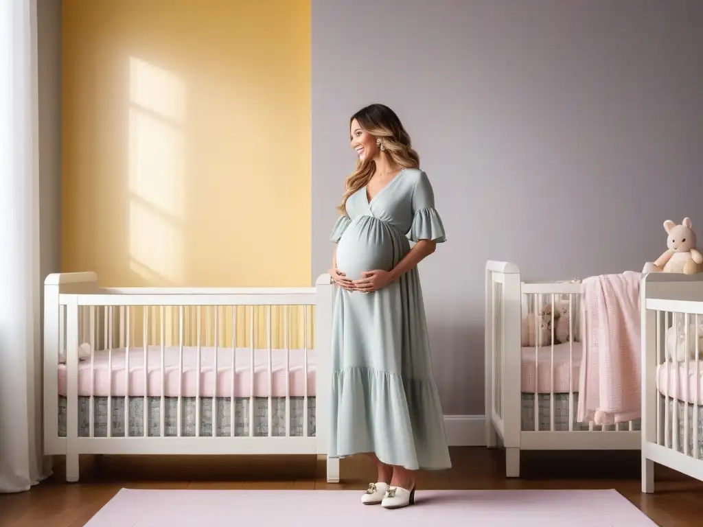 Una mujer embarazada con estilo en una habitación de gemelos luminosa y moderna
