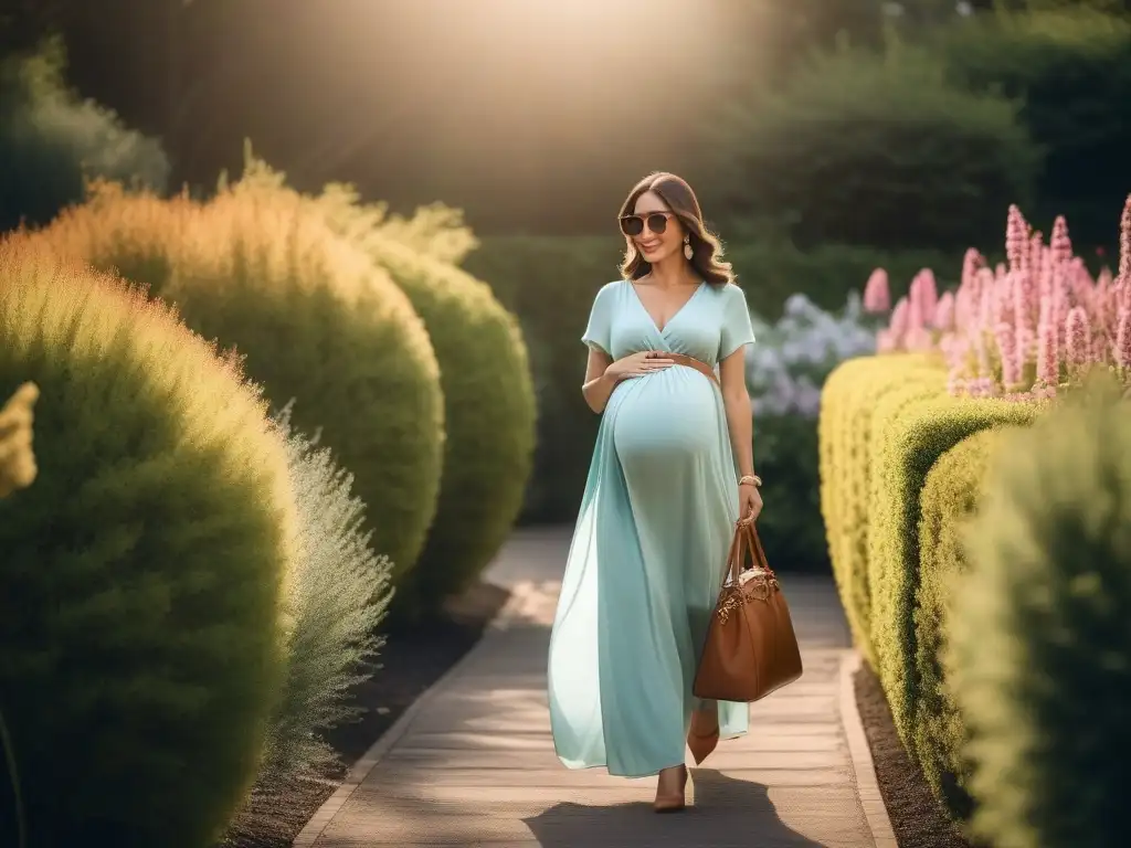 Elegante mujer embarazada paseando por un jardín al atardecer Una mujer embarazada con estilo pasea por un jardín luciendo un elegante vestido largo y complementos a la moda