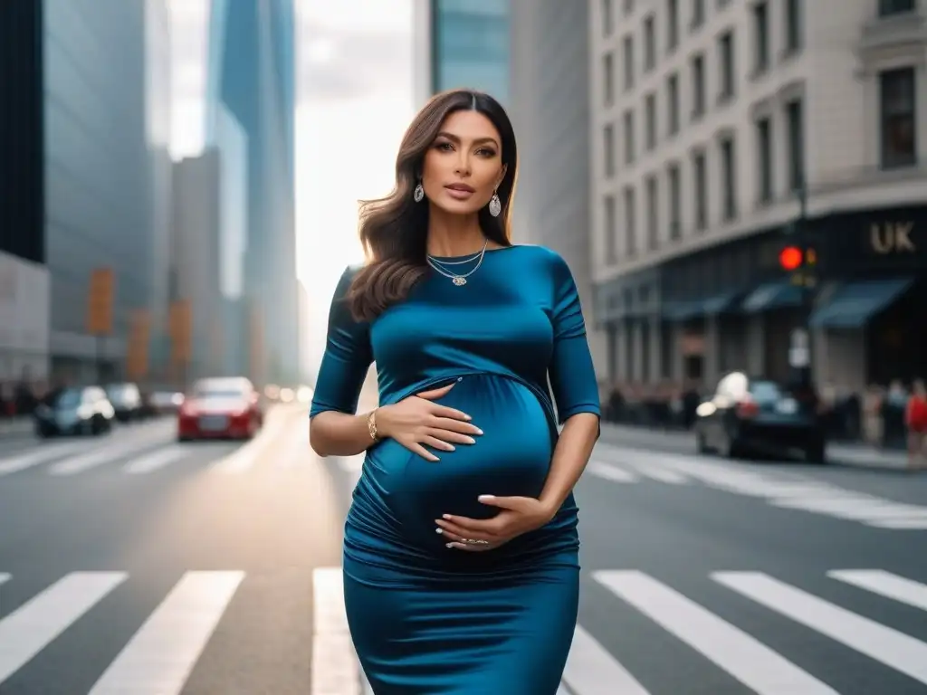 Moda embarazada: elegancia urbana y empoderamiento Una mujer embarazada con estilo propio camina confiada por la ciudad, vistiendo un atuendo de maternidad elegante y cómodo