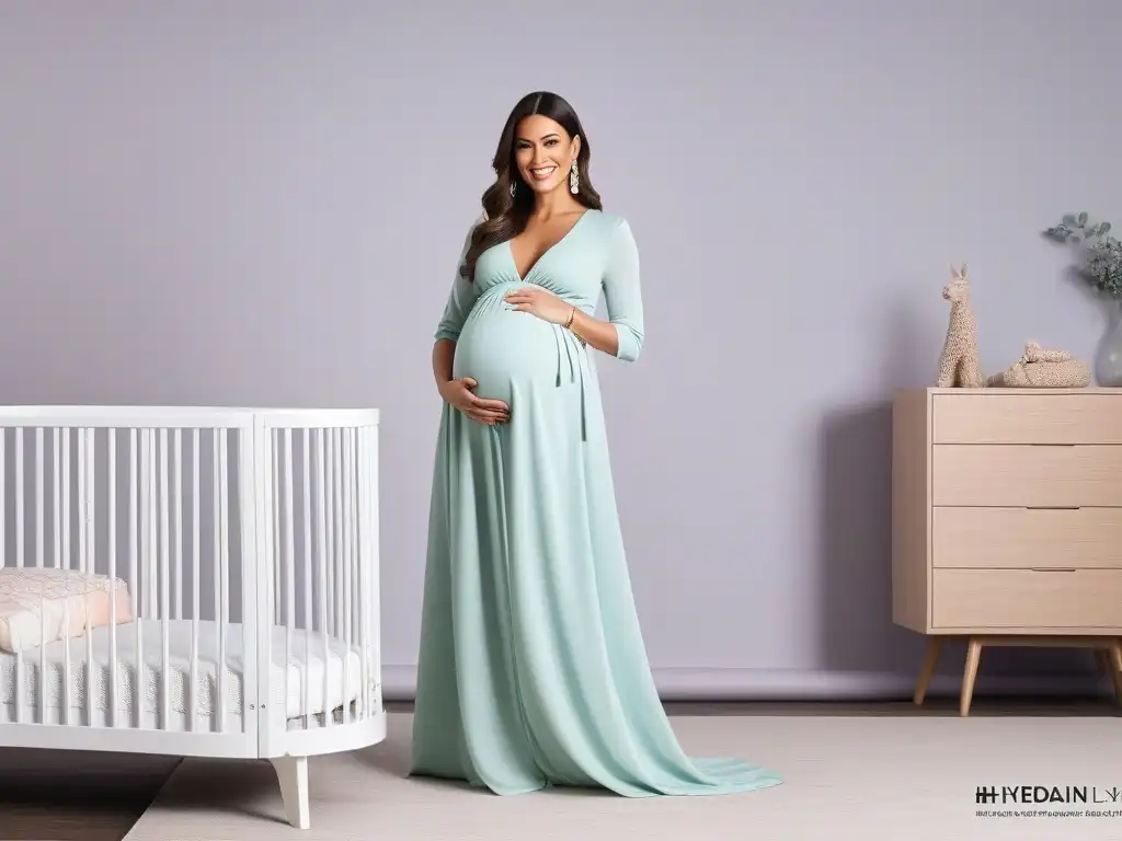 Una mujer embarazada con estilo, sonriendo, viste ropa maternal de gemelos en una habitación de bebés elegante y minimalista