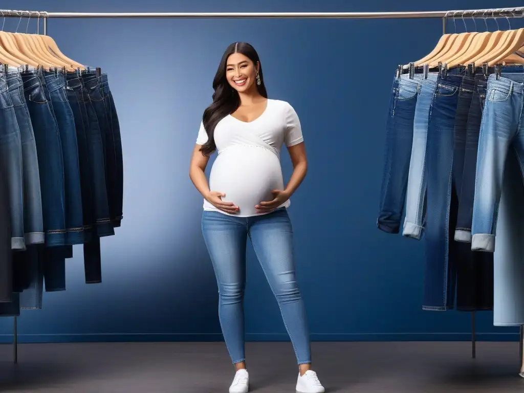 Embarazada probándose jeans de maternidad en boutique de moda Una mujer embarazada probándose distintos estilos de jeans maternales en una boutique moderna y elegante