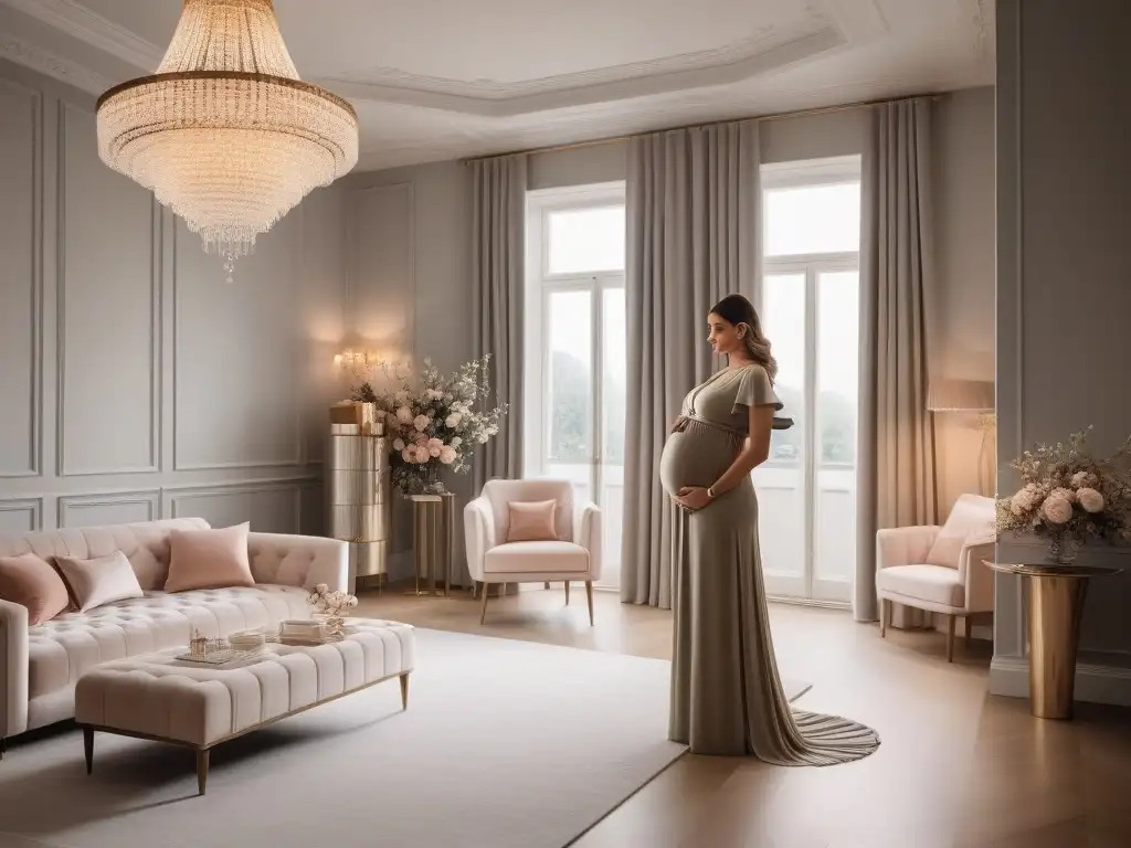 Estilo y confort: moda de lujo para mamás embarazadas Una mujer embarazada estilosa en un lujoso outfit de maternidad en un dormitorio elegante y chic