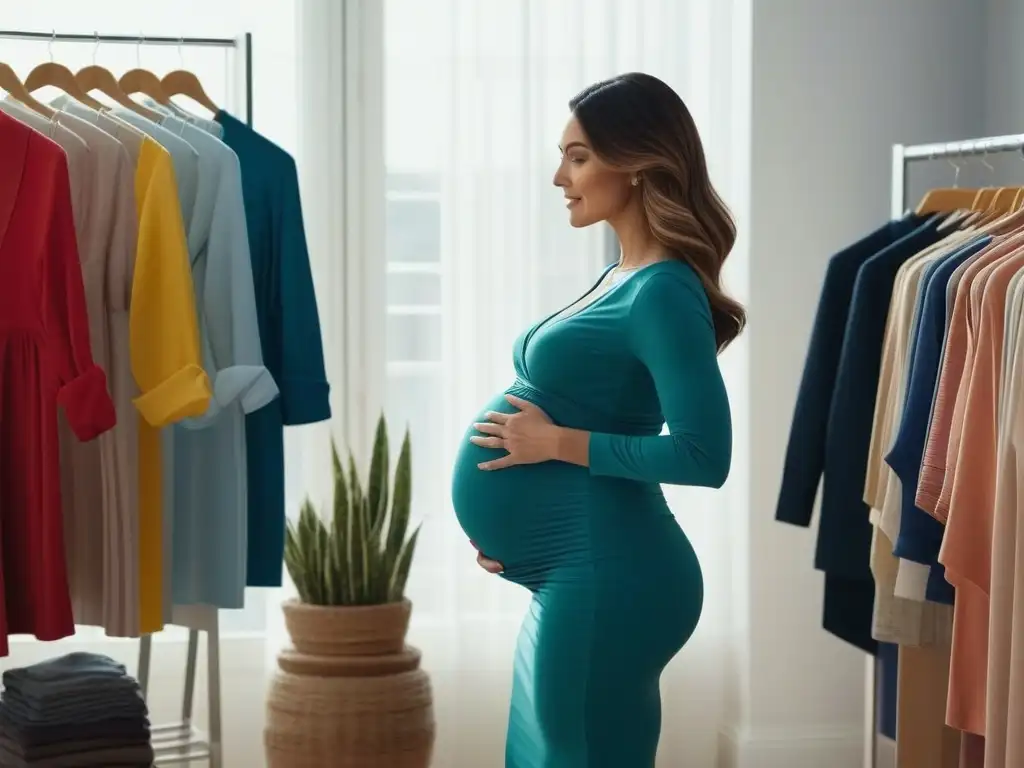Embarazo feliz: moda materna para empoderarte Una mujer embarazada feliz y confiada en una habitación iluminada por el sol, rodeada de ropa de moda maternal colorida