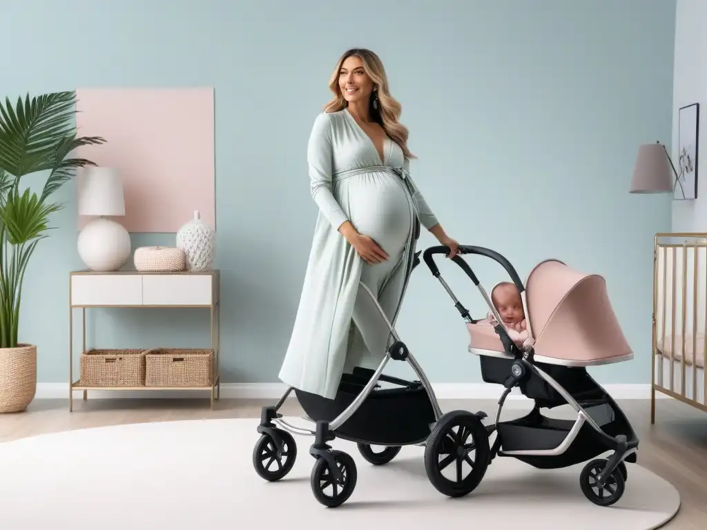 Una mujer embarazada de gemelos, con estilo en ropa maternal doble, en un vivero moderno y elegante