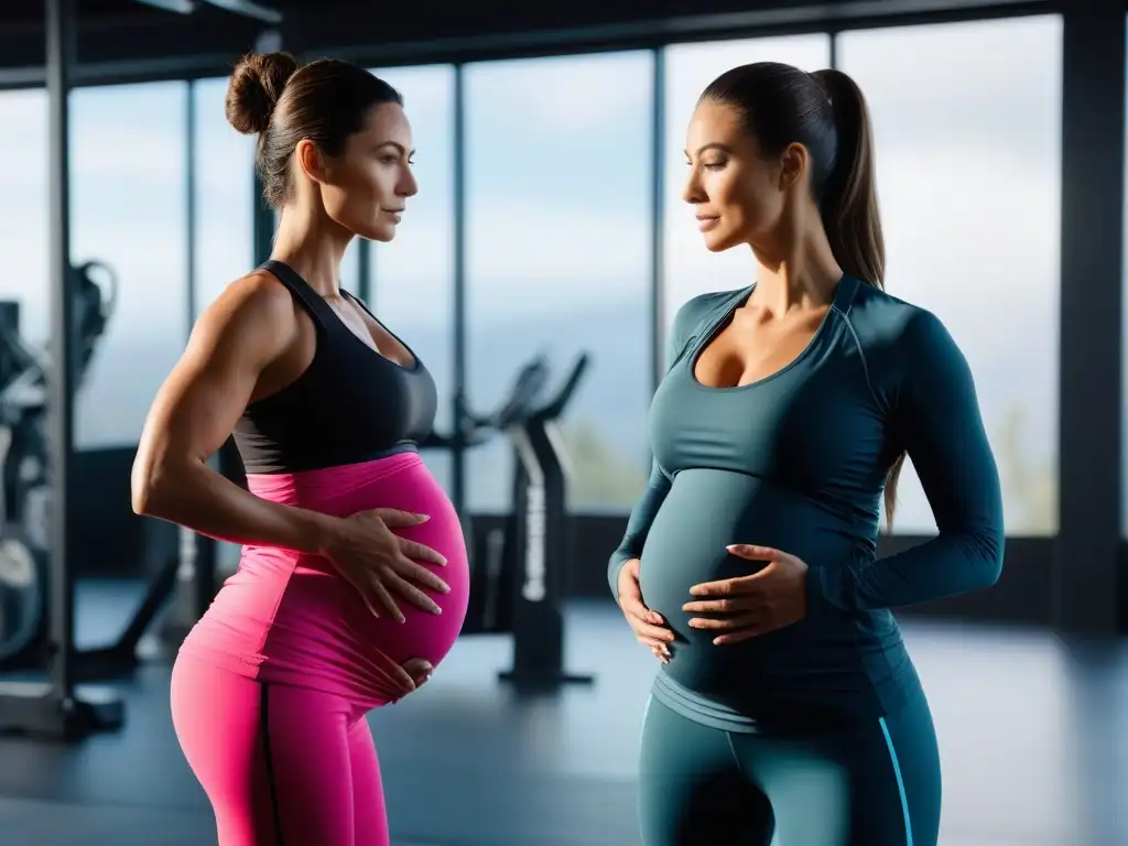 Embarazada en forma: moda y funcionalidad en el gimnasio Una mujer embarazada ejercitándose con gracia en ropa de maternidad fitness moderna en un gimnasio luminoso y moderno