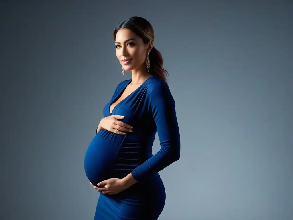 Radiante mujer embarazada: elegancia y comodidad en la ciudad Una mujer embarazada irradia confianza con un atuendo de moda maternal, en un entorno urbano chic