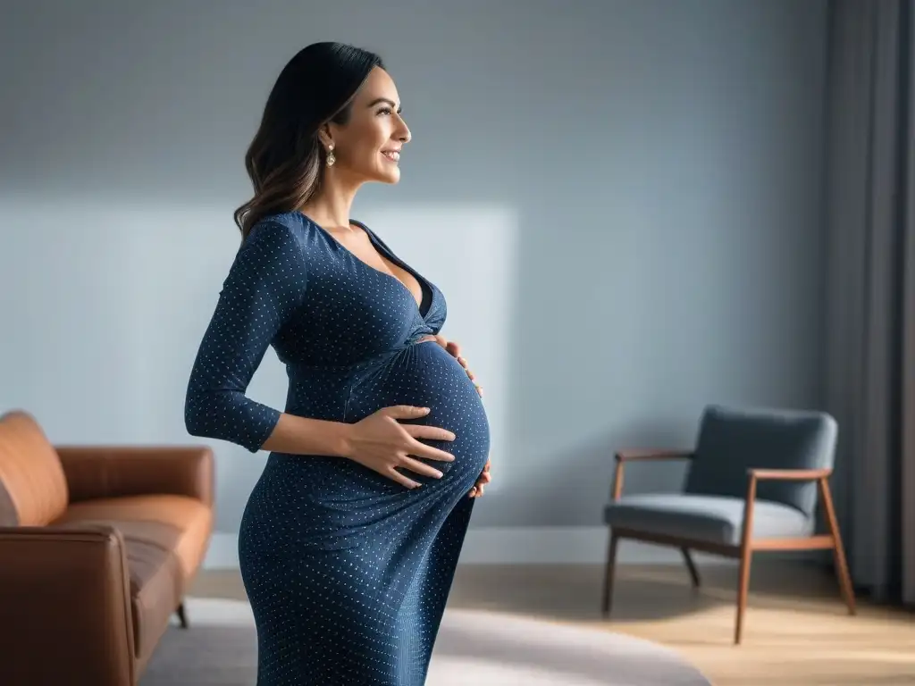 Embarazo con estilo: confianza y gracia en cada postura Una mujer embarazada irradia confianza y gracia con una postura mejorada, vistiendo ropa de maternidad elegante en una habitación minimalista y serena