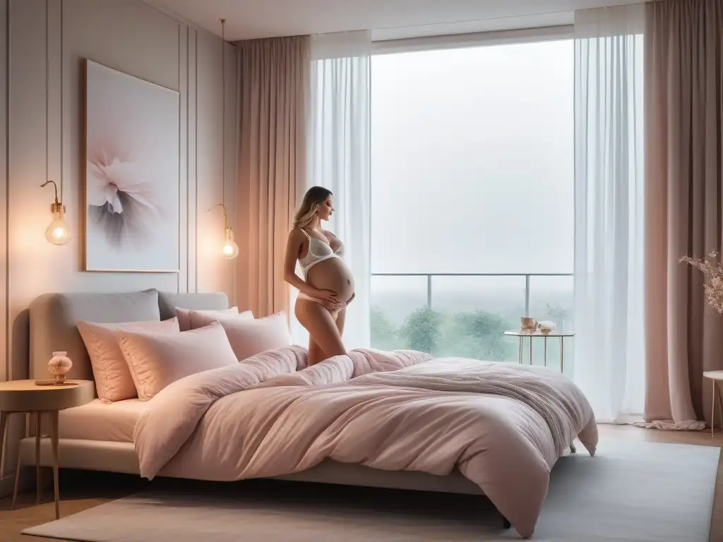 Maternidad serena: lencería confortable en dormitorio elegante Una mujer embarazada en lencería maternal cómoda y sensual, reflexiva en una habitación elegante y moderna