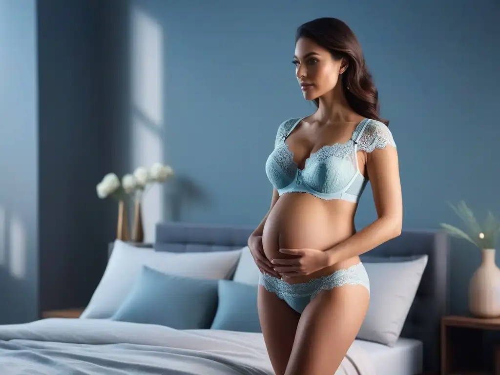 Maternidad elegante: lencería moderna para embarazadas Una mujer embarazada en lencería maternal moderna, elegante y confortable