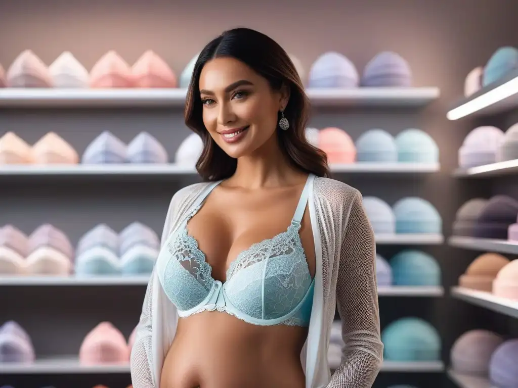 Embarazada radiante: probándose lencería de maternidad en boutique chic Una mujer embarazada y segura sonríe al probar una lencería maternal cómoda y sensual en una boutique moderna y chic