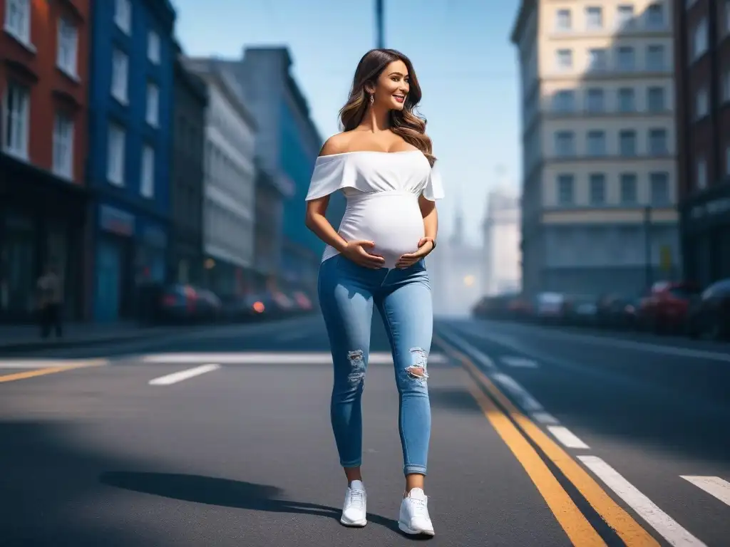 Estilo y comodidad: moda premamá trendy para lucir con confianza Una mujer embarazada sonriendo, vistiendo los mejores jeans maternidad del trimestre con estilo y comodidad en la ciudad