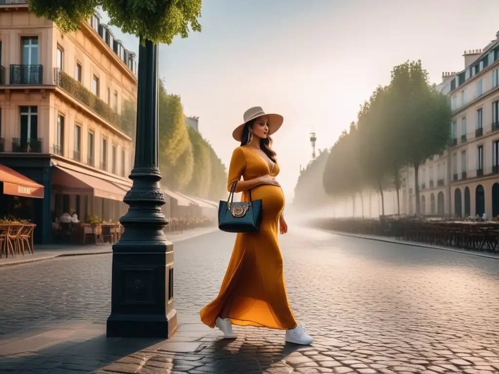 Embarazo chic en París al atardecer: moda y glamour Una mujer embarazada vistiendo moda maternal elegante para viajes en una ciudad europea al atardecer