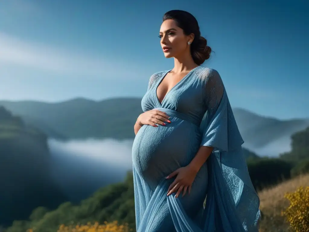 Elegante moda maternal: mujer embarazada en la naturaleza Una mujer embarazada moderna y elegante envuelta en capas de tela, mostrando un estilo maternal versátil y chic en un entorno sereno al aire libre