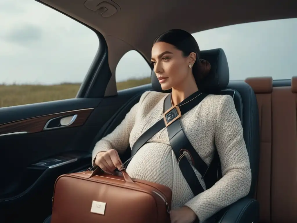 Embarazada chic en coche de lujo: accesorios elegantes Una mujer embarazada chic y moderna en un lujoso asiento de coche rodeada de accesorios de viaje elegantes