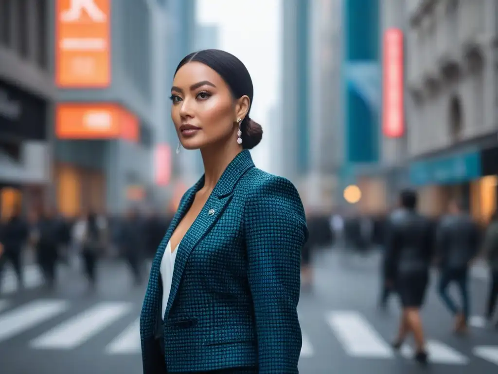 Empoderamiento urbano: mujer embarazada luciendo estilo en la ciudad Una mujer embarazada moderna desfila segura por la calle con un blazer elegante que resalta su barriga, en un escenario urbano empoderador