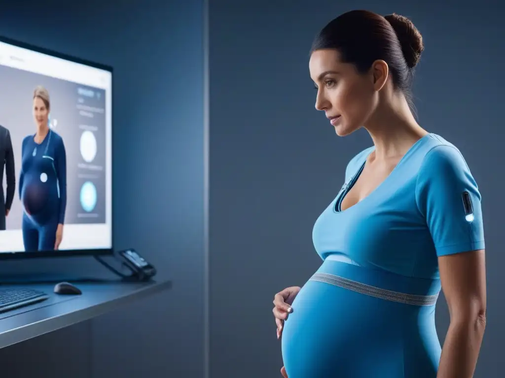 Moda futurista para embarazadas: tecnología smart integrada Una mujer embarazada viste un moderno atuendo de maternidad con tejidos inteligentes en una habitación futurista