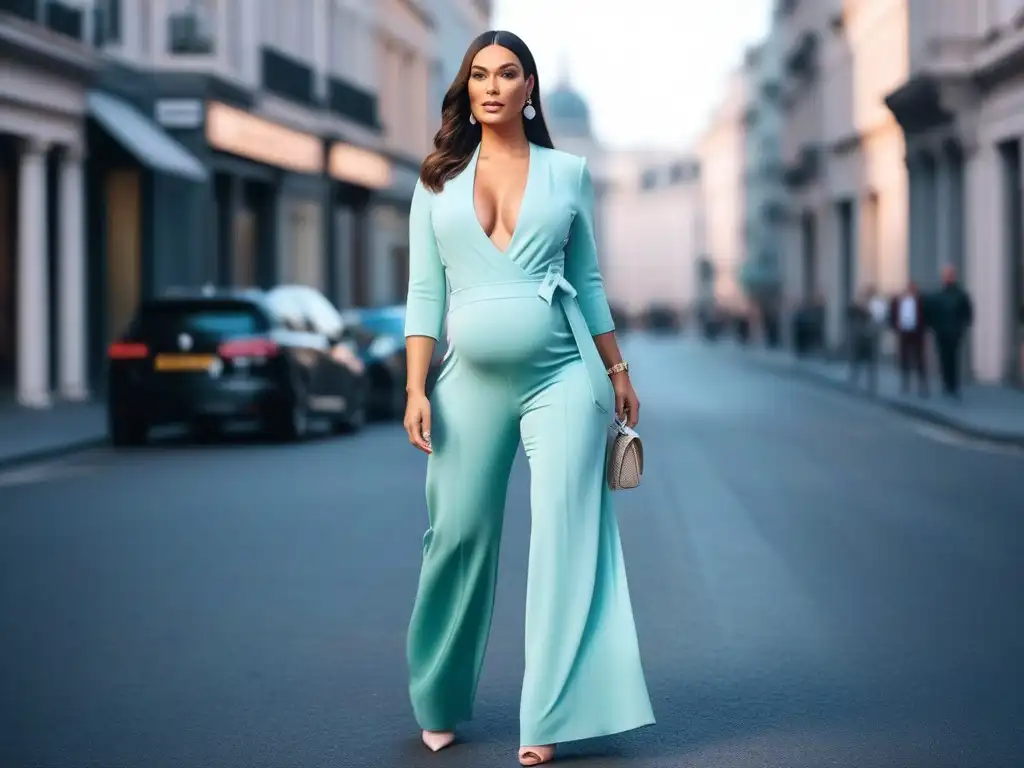 Mujer embarazada elegante caminando por la ciudad con estilo Una mujer embarazada luciendo un mono de moda en tono pastel, caminando con confianza por la ciudad