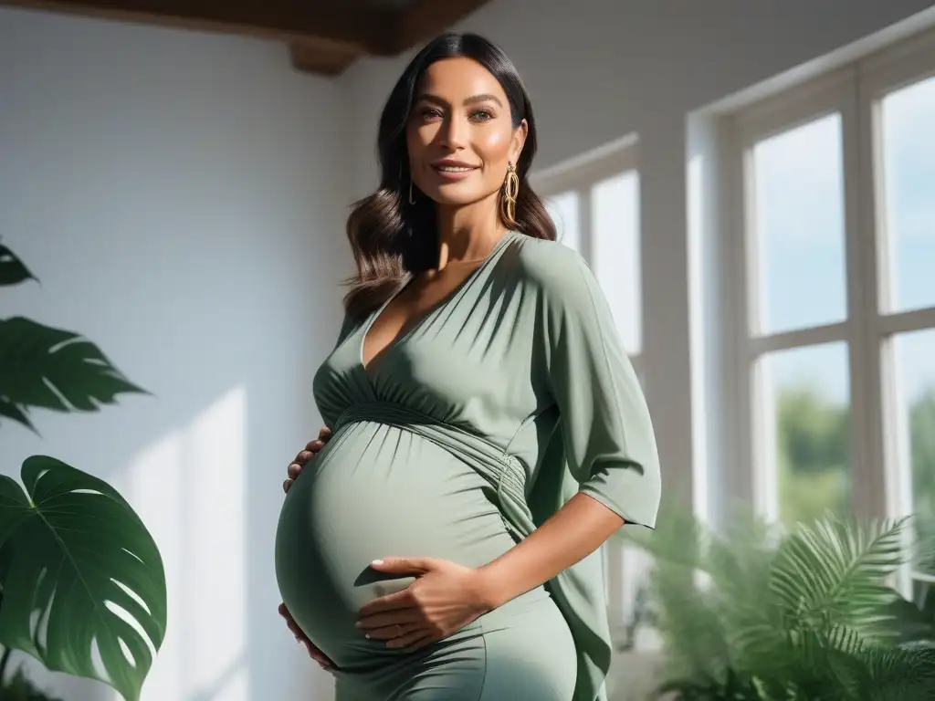 Radiante moda sostenible para embarazadas: empoderamiento y estilo en 8k Una mujer embarazada muestra orgullosa su atuendo de Ropa maternidad sostenible y cómoda en un escenario lleno de luz natural y plantas verdes