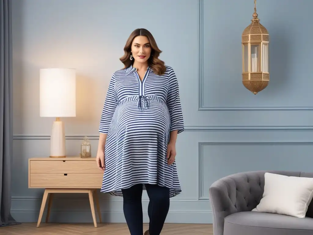 Mujer embarazada plus size con estilo en túnica de maternidad Una mujer embarazada plus size confiada, vistiendo una túnica de maternidad con estilo en una habitación moderna y elegante