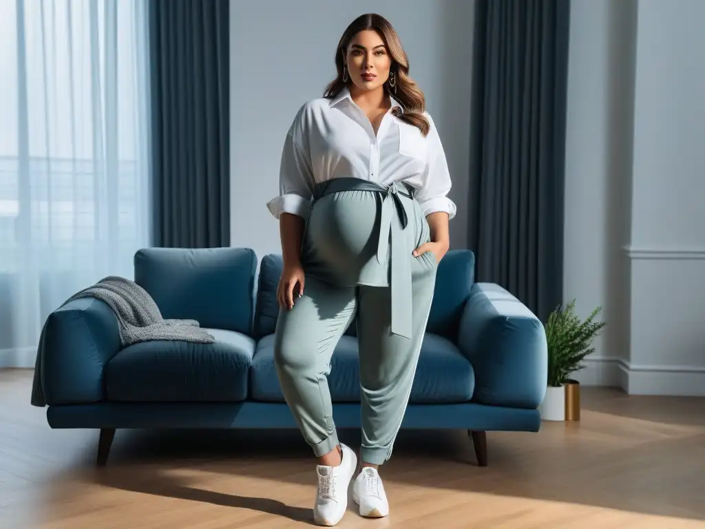 Radiante embarazada plus size en look masculino y elegante Una mujer embarazada plus size radiante y elegante en un outfit masculino cómodo, en una habitación luminosa y moderna