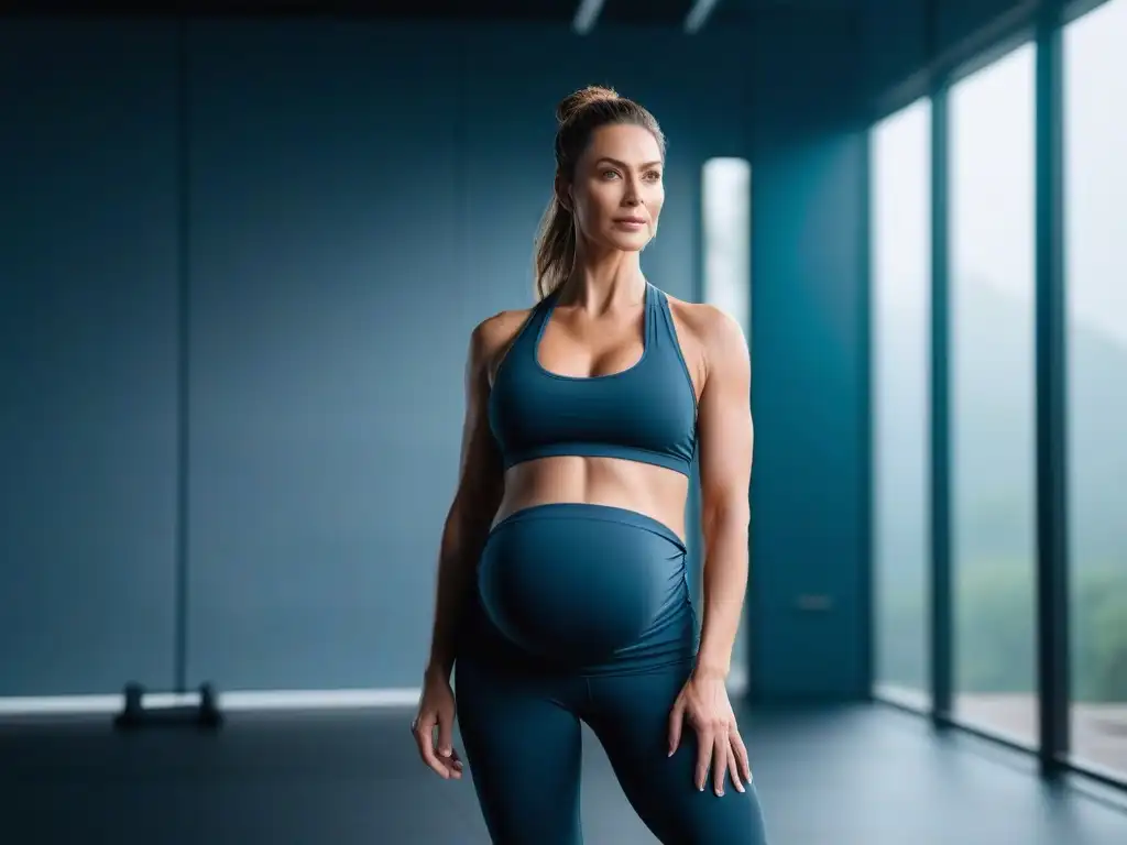 Embarazo fitness: mujer en pose de yoga con estilo y serenidad Mujer embarazada en postura de yoga con ropa ejercicio maternal cómoda y activa