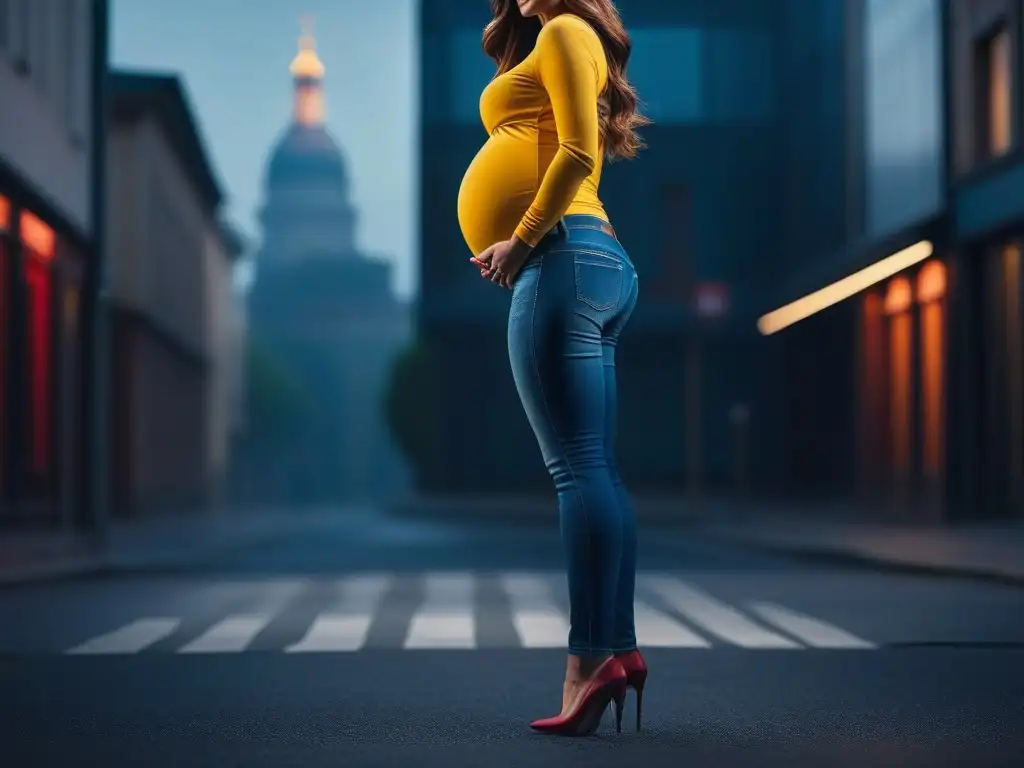 Modernos y cómodos jeans premamá para un look urbano chic Una mujer embarazada en su primer trimestre luce unos modernos y cómodos jeans de maternidad, destacando su barriga y estilo en un entorno urbano chic