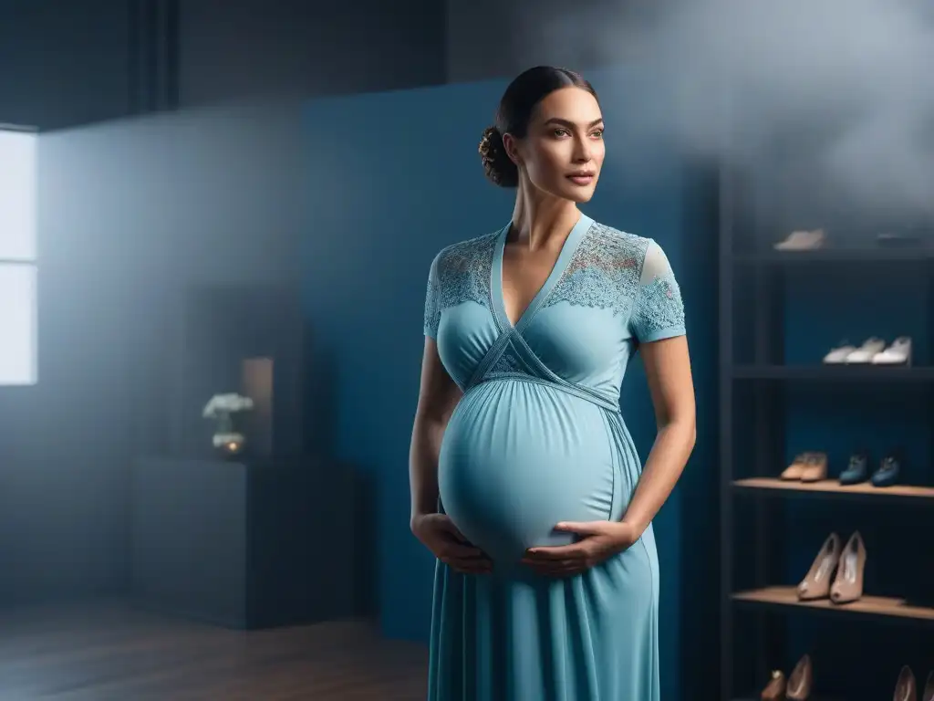 Radiante embarazada en outfit de maternidad elegante y cómodo Una mujer embarazada radiante en un atuendo de moda maternal cómoda y elegante en un estudio moderno y luminoso con ropa de maternidad chic