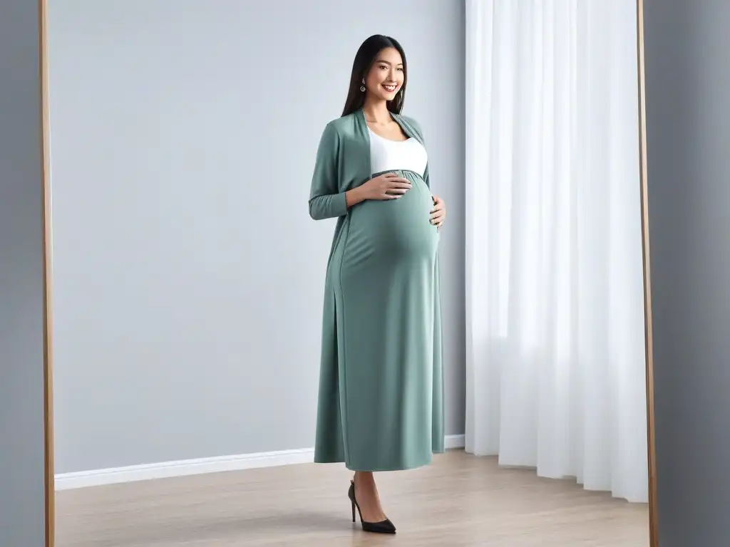 Moda Maternal: Estilo y Comodidad para Futuras Mamás Una mujer embarazada se ve radiante y cómoda frente al espejo con ropa maternal ajustable y cómoda