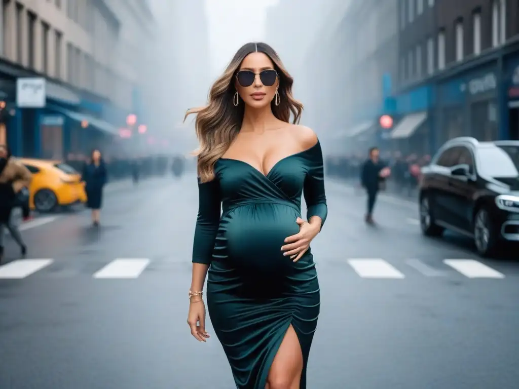 Radiante embarazada caminando con estilo urbano Una mujer embarazada radiante camina con confianza por la ciudad luciendo un atuendo de moda maternal moderno y elegante