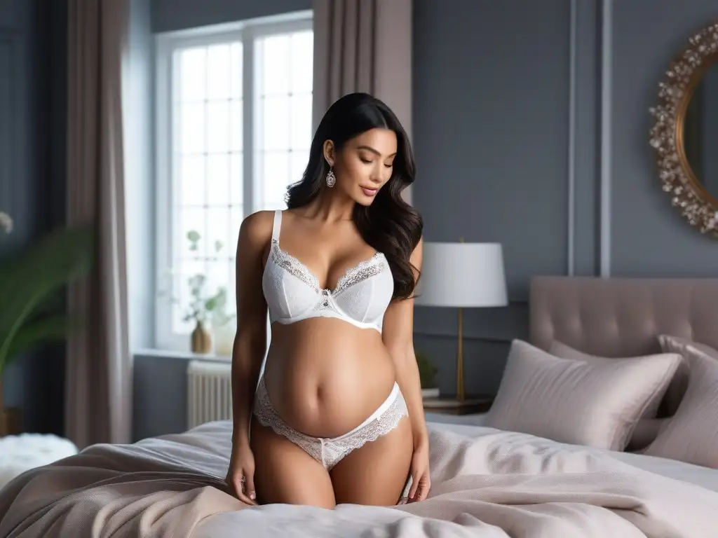 Maternidad elegante: mujer radiante en lencería cómoda junto a la ventana Una mujer embarazada radiante y elegante en lencería maternal cómoda y sensual, en un dormitorio decorado con gusto