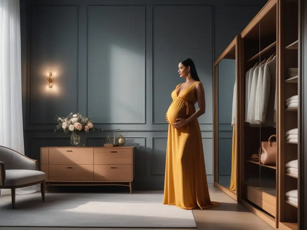 Esencia de la moda maternal: mujer embarazada radiante en closet chic Una mujer embarazada radiante y elegante frente al espejo en un closet lleno de moda maternal y accesorios, reflejando felicidad y autoconfianza