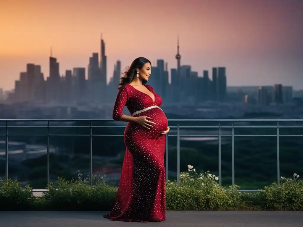 Elegante moda maternidad plus size al atardecer Una mujer embarazada, radiante y elegante, simboliza la moda maternal tallas grandes elegantes en una ciudad al atardecer
