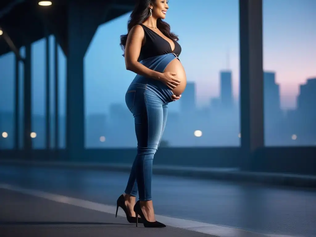 Embarazada feliz con estilo urbano en jeans de maternidad Una mujer embarazada radiante en jeans de maternidad, en un entorno urbano moderno