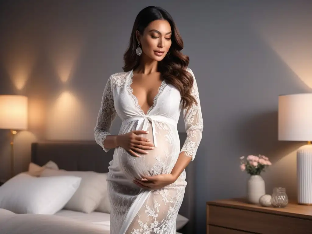Mujer embarazada radiante en lencería de encaje rosa en habitación elegante Una mujer embarazada radiante en lencería maternal cómoda y sensual, en un dormitorio elegante y suavemente iluminado