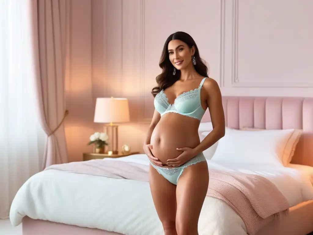 Embarazo radiante: lencería de lujo en dormitorio elegante Una mujer embarazada radiante en lencería maternal cómoda y sensual en un dormitorio elegantemente decorado
