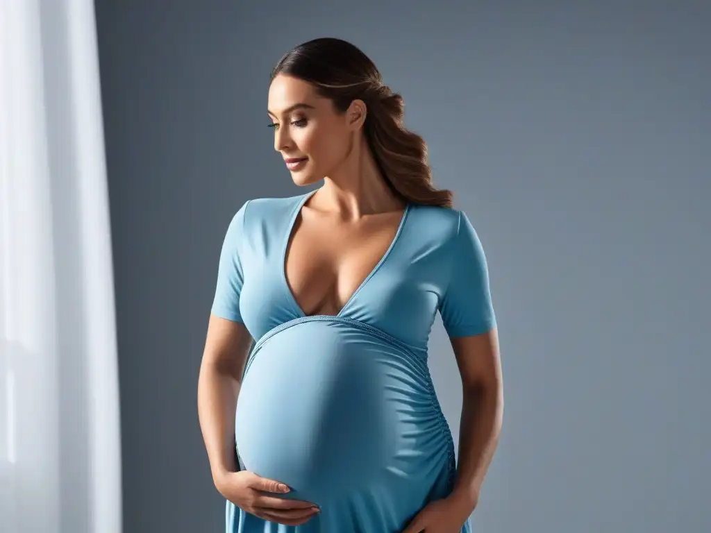Moda maternidad y lactancia: empoderamiento y estilo en una sola prenda Una mujer embarazada radiante usando ropa multifuncional para embarazo y lactancia, simbolizando comodidad y estilo