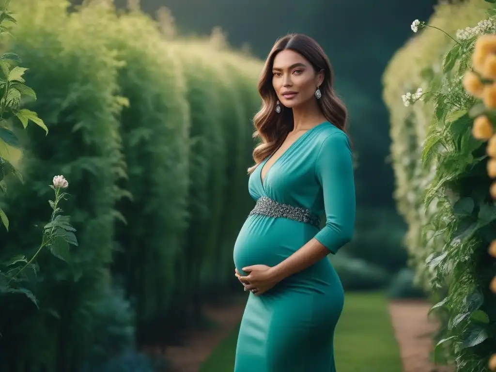 Mujer embarazada radiante en outfit sostenible en jardín verde Una mujer embarazada radiante en un jardín verde, vistiendo moda maternal sostenible con responsabilidad