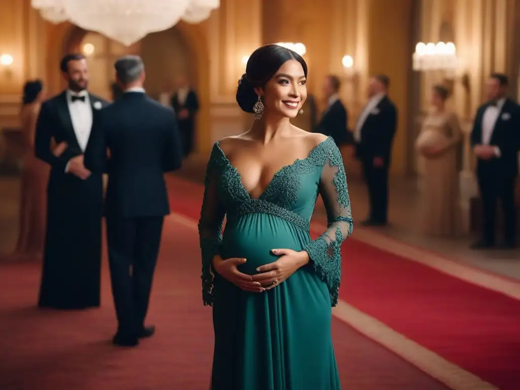 Embarazada con vestido de gala en evento de lujo Una mujer embarazada con un radiante vestido de noche en tono joya, rodeada de lujo y elegancia en un evento