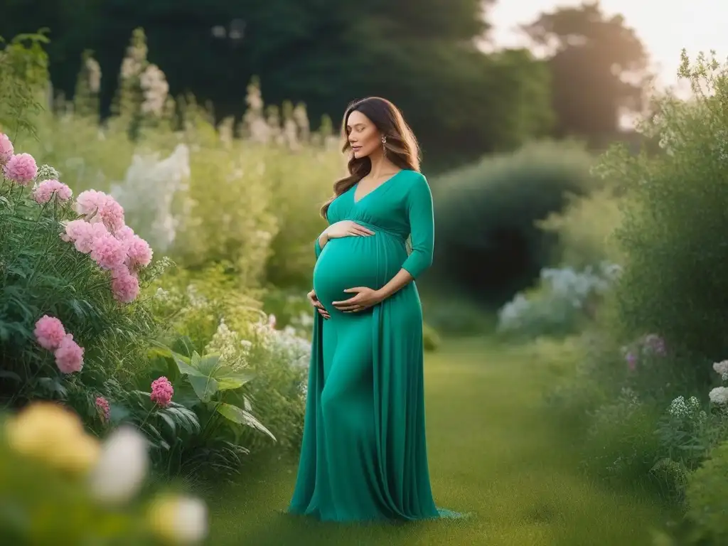 Maternidad sostenible: elegancia en la naturaleza Una mujer embarazada en un jardín rodeada de flores, vistiendo elegante y sostenible