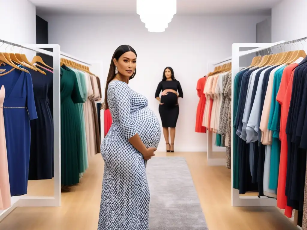 Moda maternal inclusiva: mujer embarazada se empodera frente al espejo Una mujer embarazada se prueba ropa en una boutique inclusiva, reflejando alegría y empoderamiento