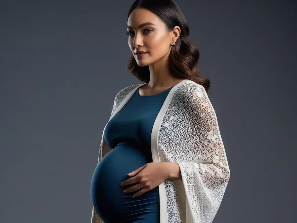 Una mujer embarazada viste ropa cómoda para embarazadas en un entorno futurista y moderno