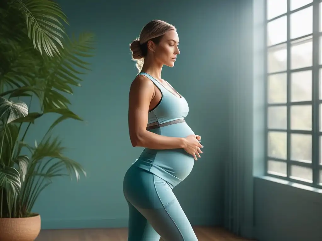 Embarazo en activewear: confianza y estilo en yoga Una mujer embarazada en ropa deportiva elegante y cómoda, radiante en un estudio de yoga