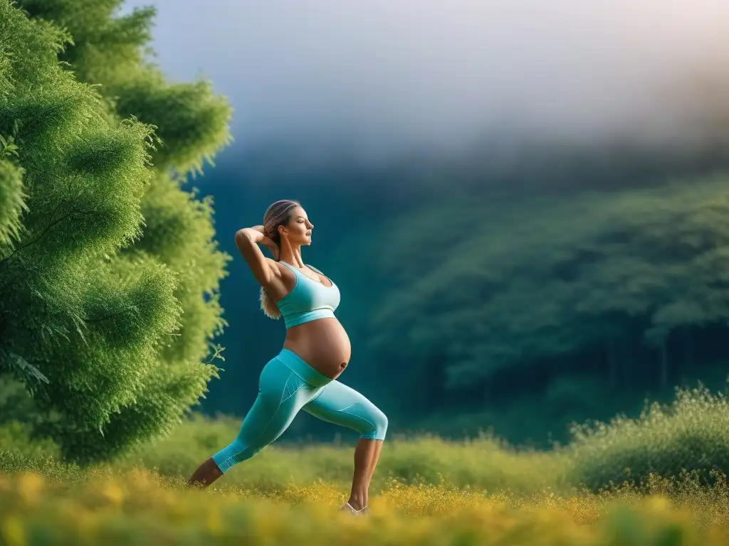 Mujer embarazada en activewear: equilibrio y gracia en yoga al aire libre Una mujer embarazada en ropa deportiva equilibra en yoga en la naturaleza