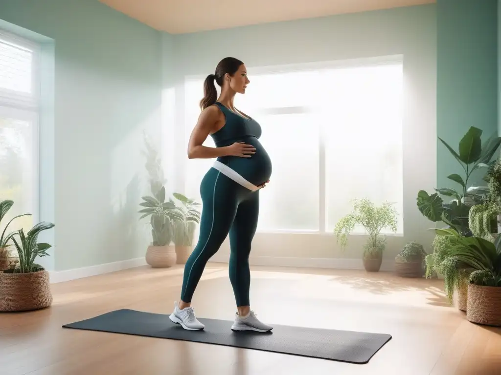 Embarazada en armonía: ejercicio prenatal con estilo Una mujer embarazada en ropa ejercicio maternal cómoda y activa, estirándose en un ambiente sereno y armonioso