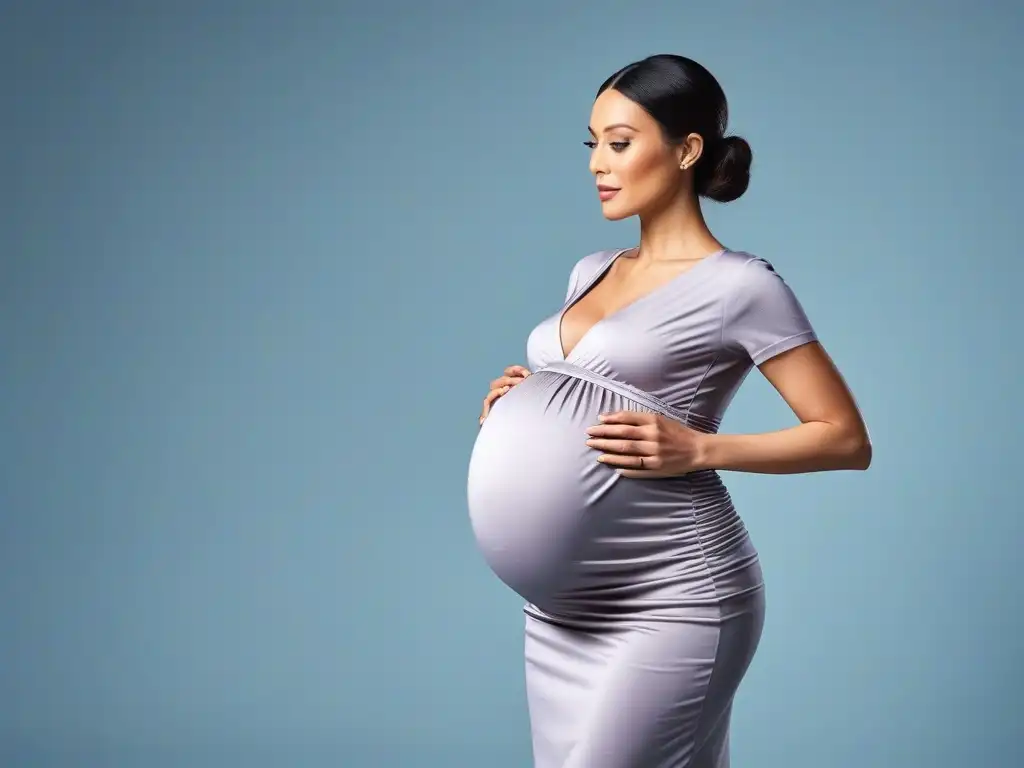 Moda Maternal Versátil: Empoderamiento y Estilo para Futuras Mamás Una mujer embarazada viste ropa maternal ajustable y cómoda, irradiando empoderamiento y confianza